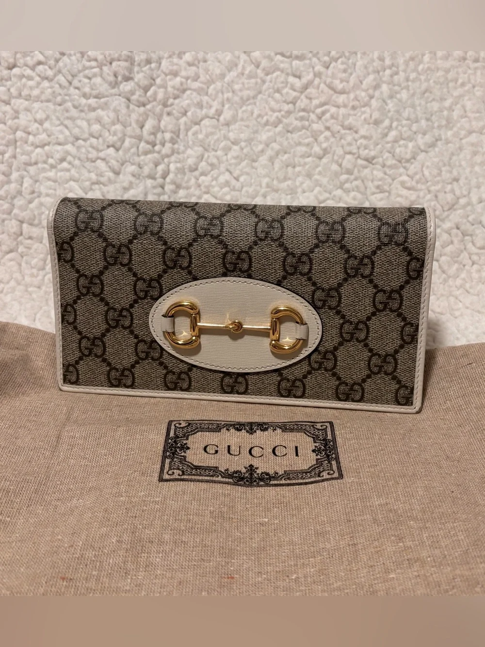 Gucci Beige GG Supreme Crossbody with White Leather Trim and Gold Chain